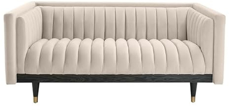 MY Furniture Metz Chalk Deep Fluted Two Seat Sofa with Wooden Legs and Brass Feet Caps/Off-White, Ivory, Luxury, Contemporary Designer Ribbed Settee