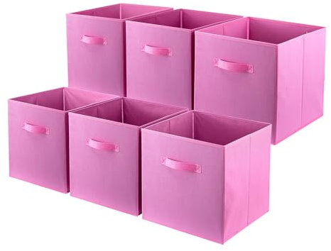 LN COZY CORNER Set of 6 Foldable Cube Storage Boxes Fabric Organizer Bins with Handles for Home Office Kids Room Closet and Shelves (Pink, 27x27x28cm)