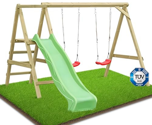 Gartenpirat Premium Schaukelgestell Typ 4.2 mit Rutsche apfelgrün Zwei Schaukelsitze Kletterleiter - 303 x 180 x 200 cm - Doppelschaukel aus Holz - TÜV geprüft