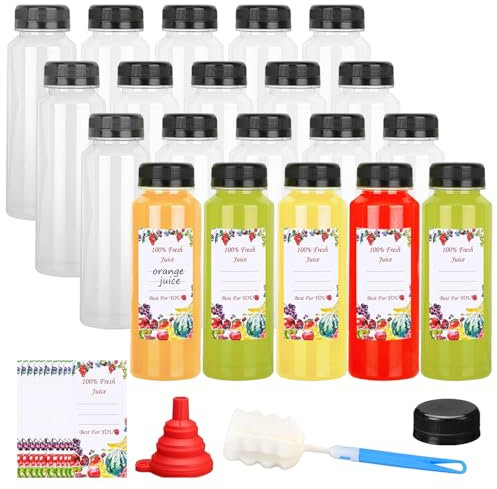 Stowetry Plastic Juice Bottles with Caps,20 Pcs 250ml/8oz Empty Reusable Water Bottle,Clear Round Juice Bottles with Black Tamper Evident Lids for Juicing,Drinking,Smoothie and Other Beverages