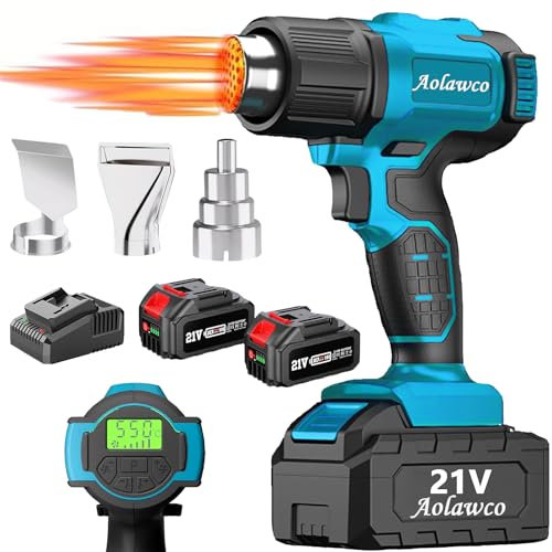 Aolawco Schnurlose Heißluftpistole mit 2 * 21V Akkus, wiederaufladbare Heißluftpistole mit 3 Düsen, maximal 120 Grad Fahrenheit (550 Grad Celsius) zum Schweißen, Biegen von Rohren