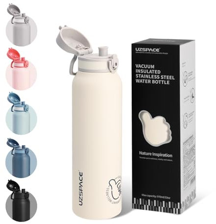 UZSPACE Edelstahl Trinkflasche 1l (970ml), Isolierte Thermosflasche mit 1-Klick-Öffnung, 100% Auslaufsicher, Sport Wasserflasche für Wandern Sport Fitness Gym Outdoor, Frostweiß