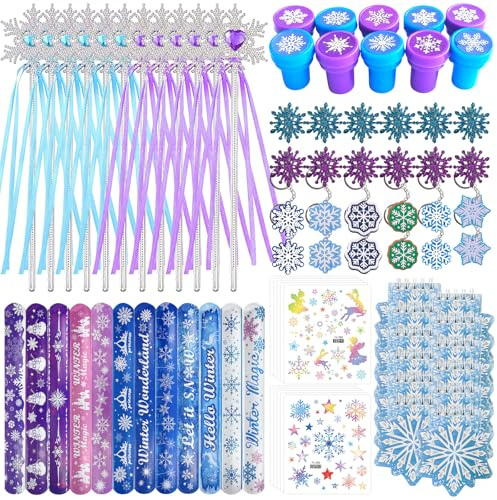 NlsqEU Fiocco di neve gadget per feste compleanno bambini, bacchetta magica, portachiavi, braccialetto a scatto, adesivi, timbri, clip per capelli, taccuino, tema fiocco di neve, accessori per feste