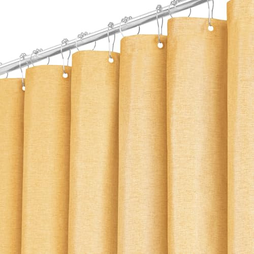 BTTN Duschvorhang Stoff 180x200 cm, Leinen-Textur, Anti-Schimmel, waschbarer Textil-Duschvorhang mit 12 Plastikhaken, gewichteter Saum Polyester-Duschvorhänge für Badewanne, Goldgelb