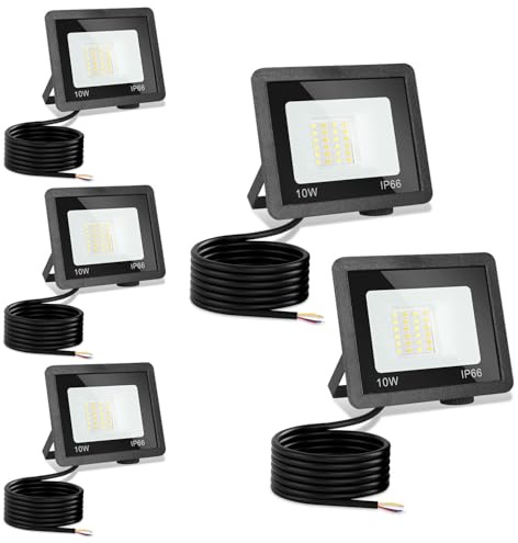 Monucep LED Strahler Außen 10W,5 Stück Dimmbar LED Fluter 3000K/4000K/6500K, Led Scheinwerfer, IP65 Wasserfest Aussenstrahler für Hell Garten Hof Türen Rasen Garage [Energieklasse E]
