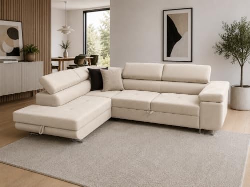 KMK GNYCH Sofa Aston 275x202x90 cm, Schlaffunktion, Beige, Links | L-Form Ecksofa, Modern Couch mit Bettkasten, Weiches Sofa fürs Wohnzimmer, Schlafsofa, Eleganter Monolith Stoff
