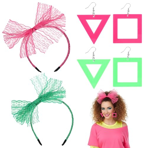 Nogeqi 4 Stück 80er Jahre Outfit Damen Blitz-Ohrringe Spitze Stirnband Neon Earrings 80er 90er Jahre Accessoires Für Damen Retro Thema Party Kostüm Zubehör Set Für Karneval Raves Verkleidung