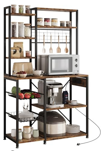 Garvee 6-Tier Bakers Rack with Built-in Power Outlets, Microwave Stand with Wire Basket, Coffee Bar Station with 4 s-Hooks, Open Kitchen Storage Shelving for Spices, Dishes, and Pots, Brown
