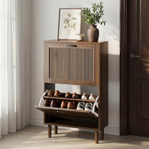 Semiocthome Zweilagiger Schuhschrank aus Holz mit Kipp-Mechanismus und Metallgriffen in Retro-Optik für Innenräume und Eingangsbereich