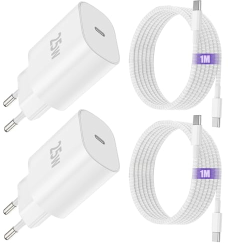 2er-Pack iPad Ladekabel Original mit iPad Ladegerät, 25W USB-C Netzteil | Stecker Schnellladegerät mit 1M USB C Kabel Schnellladekabel für iPhone 17 16 15 Pro Max /Plus,iPad Pro 12.9/11,iPad Air Mini