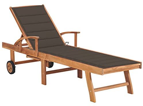 Keeushr Chaise longue classique en teck avec coussin taupe, 2 roues et dossier réglable en 4 positions, pour jardin, terrasse ou piscine, bois massif robuste