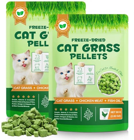 2er Pack Katzengras Snacks Für Innen, Gefriergetrocknet, Katzen Snacks Zahnreinigung, Katzenminze-Spielzeug Reduziert Haarballen, Fördert Die Verdauung Mit Natürlichem Hühnchen 160g