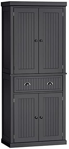 HOMCOM 183cm Freestanding Kitchen Cupboard, Tall Storage Cabinet with 4 Doors and 3 Adjustable Shelves, Traditional Kitchen Pantry Cupboard for Dining Room, Black