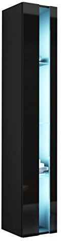 Hängevitrine Vigo New 180, Moderne Vitrine mit Glasböden Vitrinenschrank Farbauswahl Stauraumvitrine Hochschrank Wohnzimmer Highboard Schrank (mit blauer LED Beleuchtung, Schwarz / Schwarz Hochglanz)