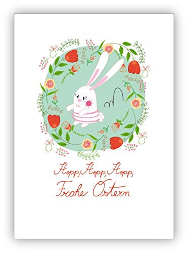 Klappkarten Set (4Stk) Lustige Osterkarte mit süßem Häschen: Hopp hopp hopp Frohe Ostern • fröhliches Premium Grußkarte mit Ostermotive mit Umschlägen für Freunde, Familie und Kollegen