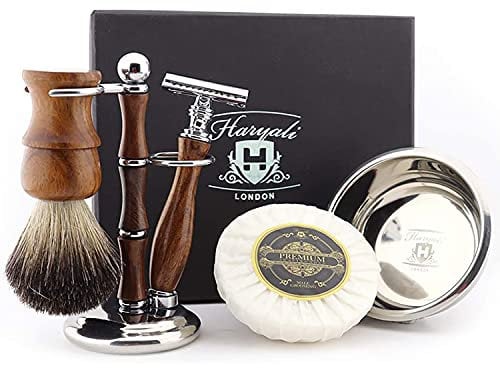 Haryali London Shaving Kit – 5 Pc Wooden Shaving Kit – Double Edge Safety Razor - Super Badger Shaving Brush – Shaving Soap – Shaving Bowl – Shaving Stand - Shaving Set as Gift