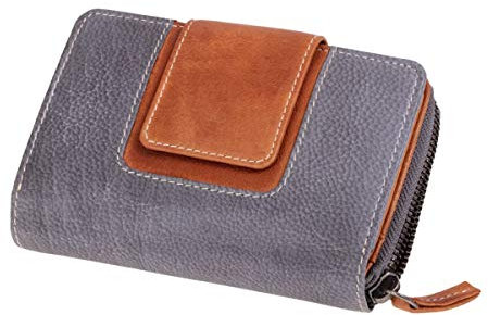 MIKA 42182 - Damengeldbörse aus Echt Leder, Portemonnaie im Hochformat, Geldbeutel mit 13 Kartenfächer, 5 Einschubfächer, 2 Scheinfächer und Münzfächer, Brieftasche grau/braun, ca. 14 x 10 x 3 cm