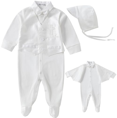 Booulfi Baby Boy Clothes 0-3 Months 3 Pcs Cotton Long Sleeve Cross Embroidery Newborn Photoshoot Outfits With Detachable Bowtie and Bonnet Baptism Gifts for Boys