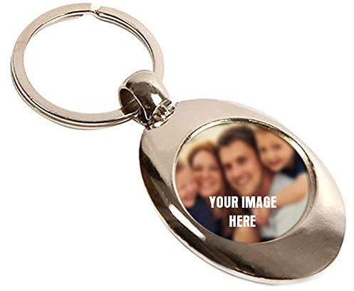 Personalised with Your own Image/Text/Message, Any Logo, Birthday, Christmas, Valentine’s Day, Mother’s/Father’s Day Gift Idea Metal Photo Insert Keyring with Shopping Trolley Coin.