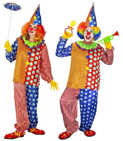 Widmann - Kostüm Clown, Oberteil mit Kragen, Hose und Hut, für Erwachsene, Zirkus, Mottoparty, Karneval