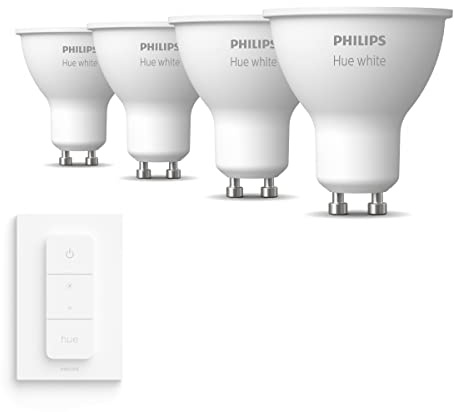 Philips Hue Pack avantagé - GU10 - avec 4 Spots - Lumière blanche chaude - Comprend 1 Variateur de lumiere Hue - Hue White