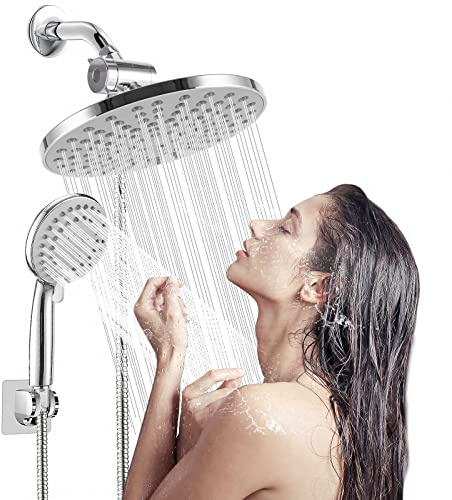 High Pressure 8 Rainfall Shower Head and Handheld Shower Heads Combo, with 60 hose, Punch-free, Dual Powerful Shower Spray Detachable with Holder, Chrome, Regulator fit for High, Low Water Flow