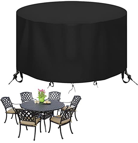 Round Patio Table Cover - Heavy Duty 600D Garden Furniture Covers Waterproof - Outdoor Rattan Table and Chair Set Protector Windproof Anti-UV Rip Proof, Ø190 x 80cm, Black