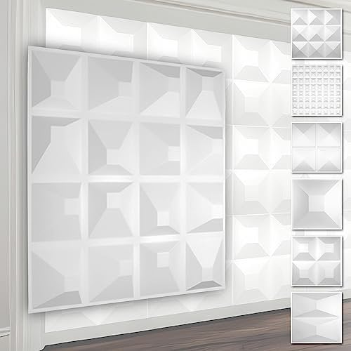 HEXIM 3D Wandpaneele, PVC Kunststoff weiß - Pyramiden Design Paneele 50x50cm Wandverkleidung (3QM HD109) Feuchtraumpaneele Wand glatt