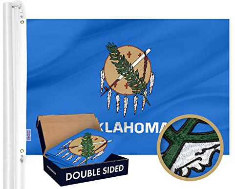 G128 Oklahoma Staatsflagge | 90 x 150 cm | Doppelte ToughWeave Serie doppelseitig besticktes 210D Polyester | gesticktes Design, für drinnen und draußen, Messingösen, strapazierfähig, 2-lagig