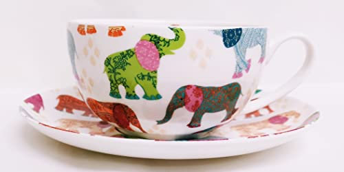 Elephants Cup & Saucer Fine Bone China Cappuccino 12.5 oz Multi Colour Patched Elephants Large Cup & Saucer Hand Decorated in UK