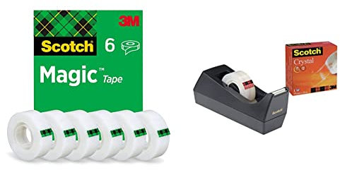 Scotch Magic Invisible Tape, 19 mm x 33 m, 6 rolls & otch C38 Tischabroller schwarz + Scotch Crystal Klebeband, 1 Rolle, 19 mm x 10 m
