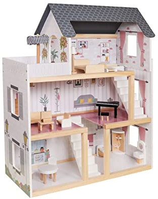 Wooden Play Doll House With Accessories & Furniture Role Play Doll House 4 Designs Christmas, Birthday Girls Gift (Design 3)