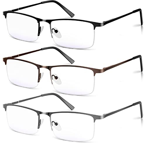 WEIMELTOY 3 Pack Blue Light Blocking Reading Glasses for Men, Stylish Half Frame Metal Computer Readers, Lightweight Spring Hinge Eyeglasses Anti Eyestrain/Glare/UV (Mix Color, Black+Grey+Brown, 1.5)
