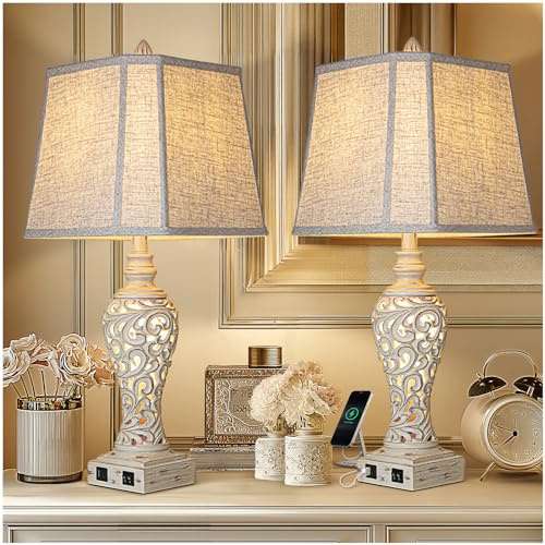 LuxSight Collection 28.5 Table Lamps Set of 2 with Nightlight for Bedroom