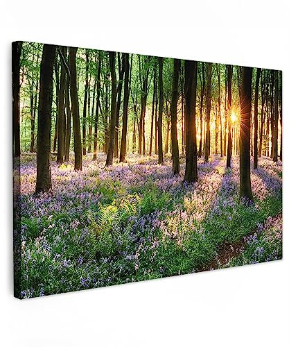 MuchoWow© Leinwand Klein 30x20 cm Mini Deko Schlafzimmer Aesthetic Leinwandbilder Wohnzimmer Gemälde Foto Geschenk Living Room Decoration Wandbild Wald - Natur - Blumen - Sonne - Baum - Lila