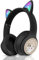 Woukksy Casque Audio Enfant Bluetooth, 85dB Casque sans Fil pour Enfant, Pliable Supra-Auriculaires Écouteurs sans Fil et Filaire avec LED Oreille de Chat et Micro pour Garçon/Fille/Tablette/PC-Noir