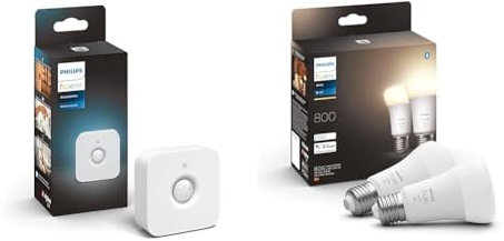 Philips Hue Motion Sensor Détecteur de Mouvement sans Fil & White Ampoules LED Connectées E27, équivalent 60W, 800 Lumen, Compatible Bluetooth, Pack de 2, Fonctionne avec Alexa
