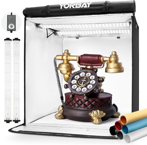 Yorbay Tenda Studio Fotografico 52x52x52 cm Luminosità Regolabile,CRI 95 e Scatola Luminosa a LED Pieghevole Portatile, con 6 Panni Sfondi in PVC (Nero,Bianco,Grigio,Aancione,Rosso,Blu)Riutilizzabile