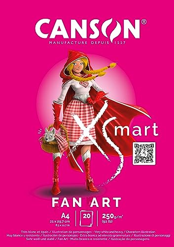 CANSON Xsmart FanArt, Zeichenpapier, weiß, glatt, 250 g/m², lange Seite, A4-21 x 29,7 cm, Weiß, 20 Blatt, bunt