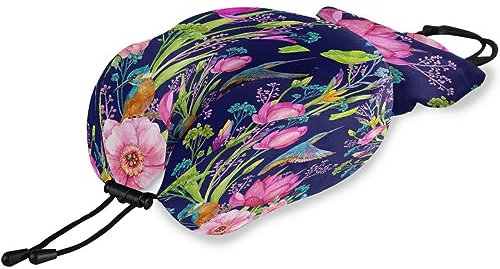 HMZXZ Reisekissen Vögel Eisvogel Lotusblumen, Memory Foam Nackenkissen Stützkissen,Weich Nackenstützkissen für Camping,Schlafrestkissen,Auto,Flugzeug