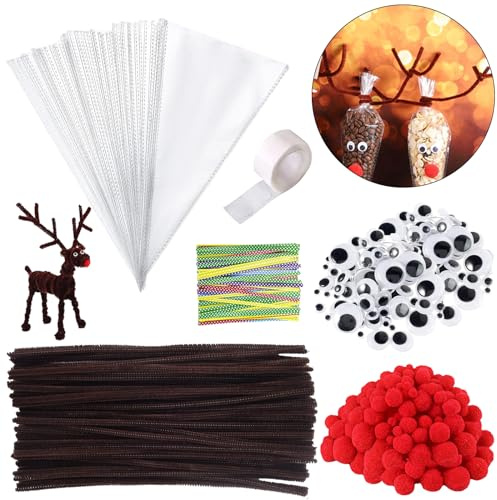 100 Stück Süßigkeiten Tüten Weihnachten, Spitztüten Transparent Cellophantüten 25x13cm mit Pfeifenreiniger Pfeifenputzer Braun Wackelaugen Selbstklebend Rote Pompons für Bonbons Kekse