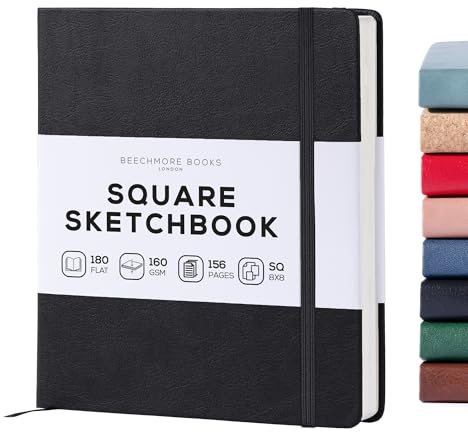 BEECHMORE BOOKS Skizzenbuch quadratisch (20,3 x 20,3 cm) – Hardcover aus Veganleder, 156 Seiten 160 g/m² | Perforiert, Lay-Flat, Geschenkbox, Skizzenblock für Zeichnen, Malen, Mixed Media