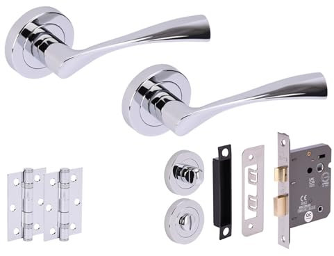 HANDLEZONE® Zena Door Handles on Rose Bathroom Lock Pack with Ball Bearing Hinges - Polished Chrome