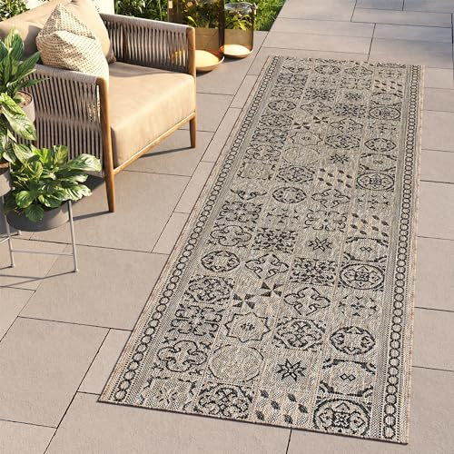 TAPISO Melissa Teppich Läufer Flur Outdoor Indoor Braun Schwarz Modern Mosaik UV-beständig Wetterfest Balkon Terrasse Wohnzimmer ÖKO-TEX 80 x 220 cm