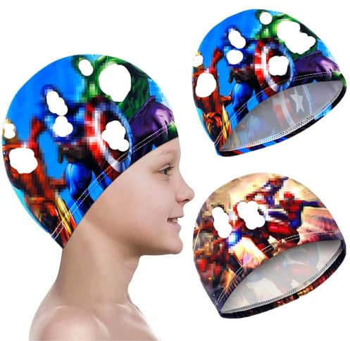 Bonnet de Bain pour Enfants 2 Pièces, 3-8 Ans Bonnet de Bain Polyester, Bonnet de Natation Cheveux Long Enfant, Bonnet de Bain Piscine pour Garçons Filles (Type 2)