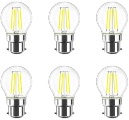 HUAMu LED Filament Golf Ball Light Bayonet Cap B22, 40w Equivalent Replacement G45 Bulbs, BC 4W 400LM Mini Globe 6500K Cool White Lamps, Chandelier Energy Saving Lightbulbs, Pack of 6