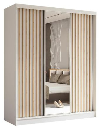 BEAUTY SOFA Helix - Armoire avec Miroir - Armoire avec Portes coulissantes et lamelles - Armoire penderie, Multi-Usage, Couloir - Largeur 180cm - Blanc & Couleur lamelles Artisan