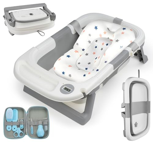absolove Bañera para bebés que ahorra espacio, tubo de baño plegable para bebés 8 en 1, cojín de baño antideslizante y orificio de drenaje, bañera de PP+TPE para recién nacidos y niños pequeños a