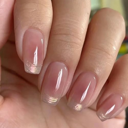 24Pcs False Nails Short - Gradient Press on Nails French Tip Glitter Gold - Fake Nails with Glue - Stick on Nails - Full Cover Acrylic Square Nail Tips for Women Girls Nail Art
