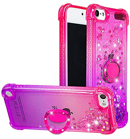 COTDINFOR Hülle für Apple iPod Touch 7 Glitzer Sparkle Fließende Handyhülle Flüssigkeit Ring 360 Grad Ständer Floating Bling Stoßfest Ultra Cover für iPod Touch 5/6 Pink-Purple YBJBZH.